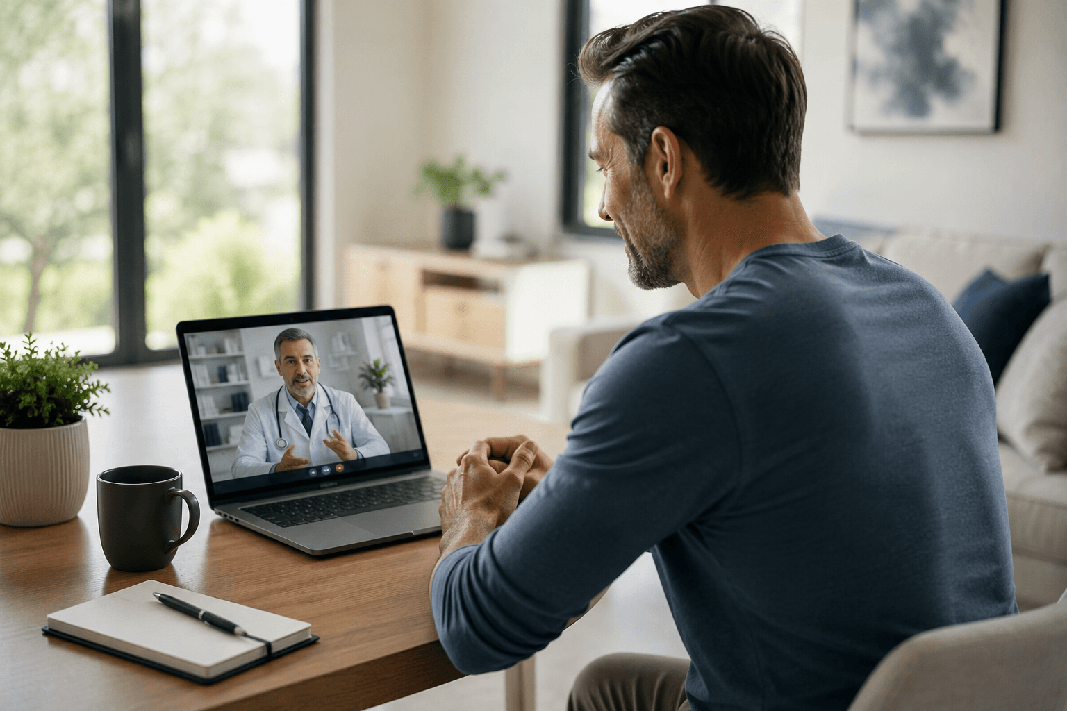 Man having a telehealth video consultation with a doctor from home
